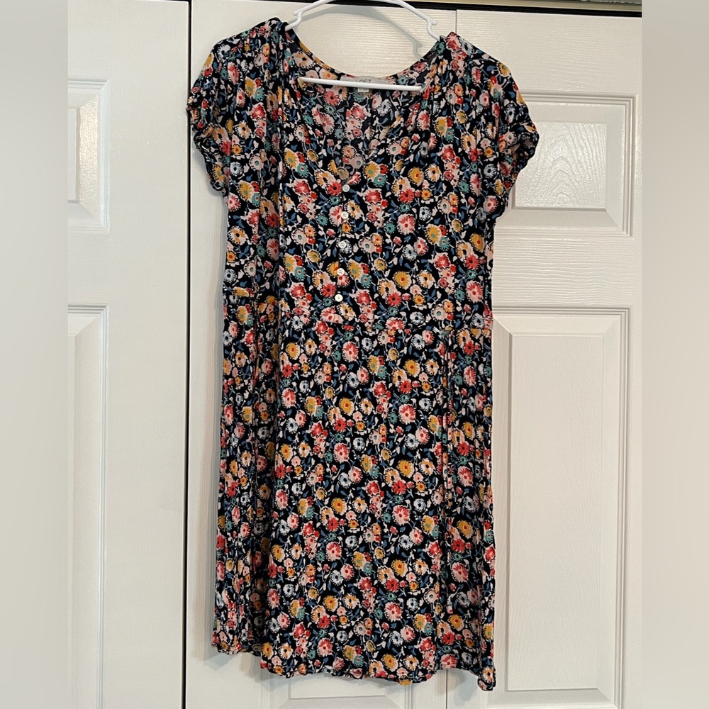 LOFT Black Multi Floral Print Short Sleeve V-Neck Spring Shift Dress Size XS